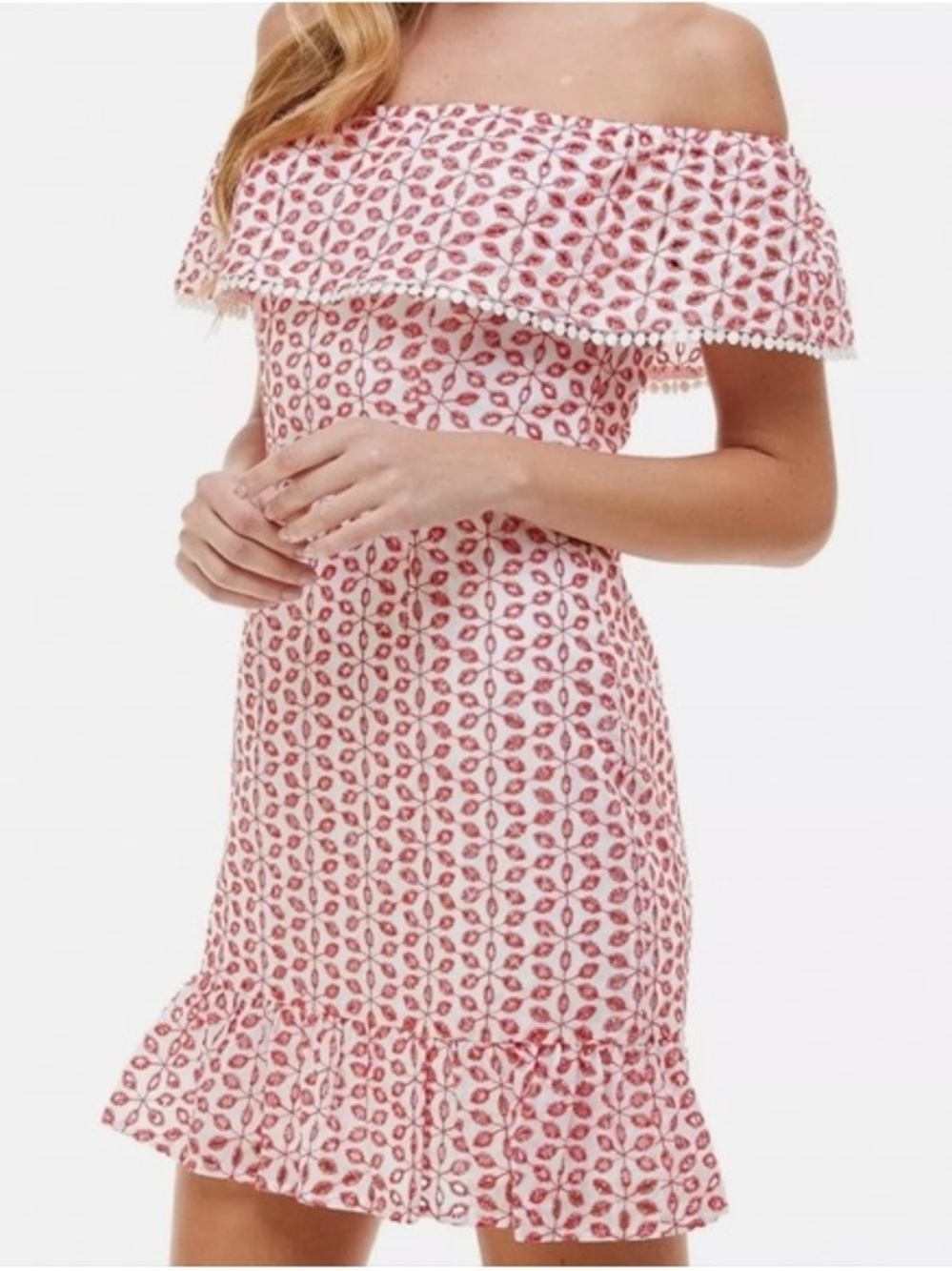 Macy’s Womens City Studio Off-Shoulder Red White Eyelet Floral Ruffle Dress EUC